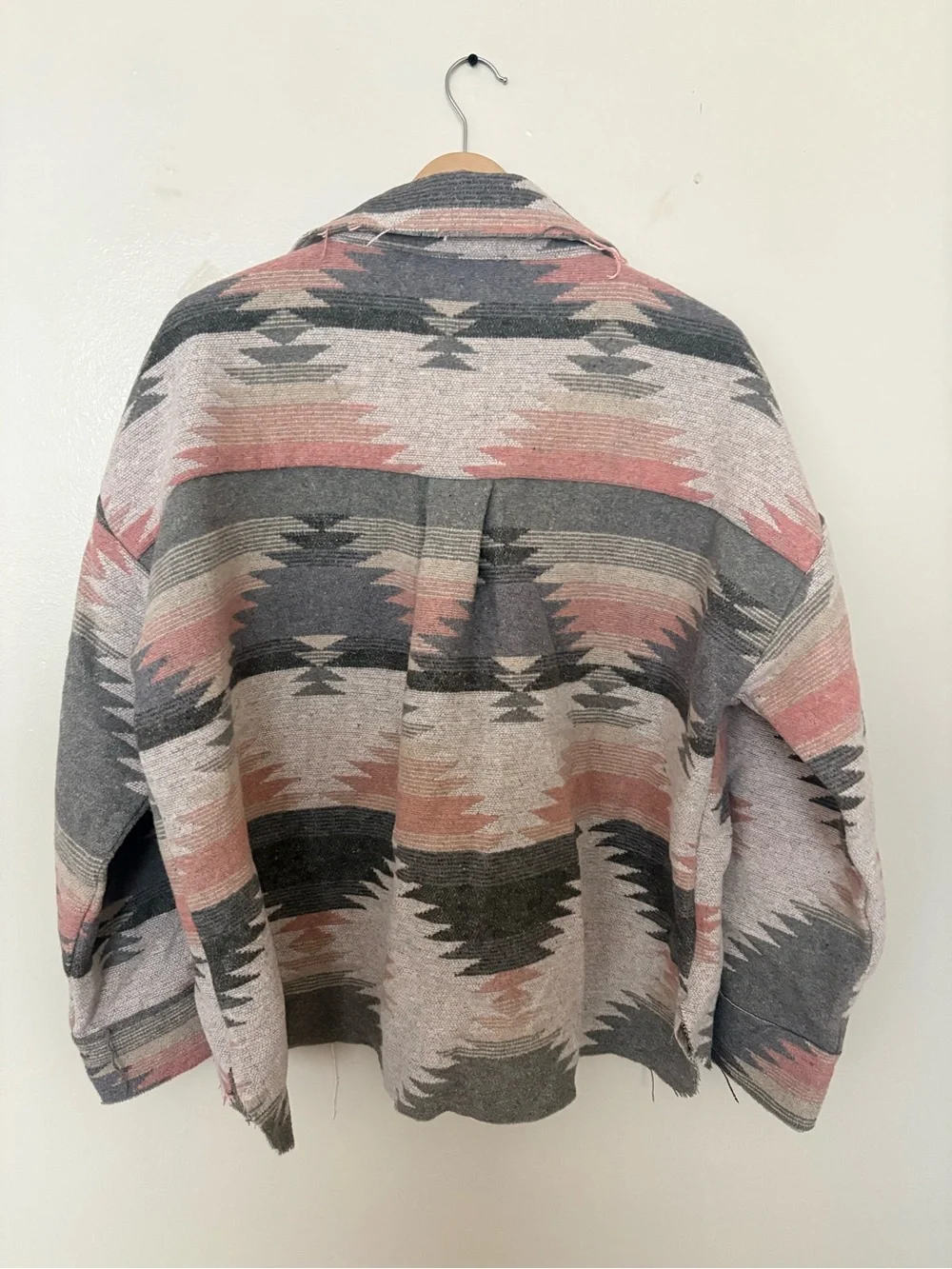 Vintage-Inspired Aztec Wool Blend Shacket in Gray and Rust